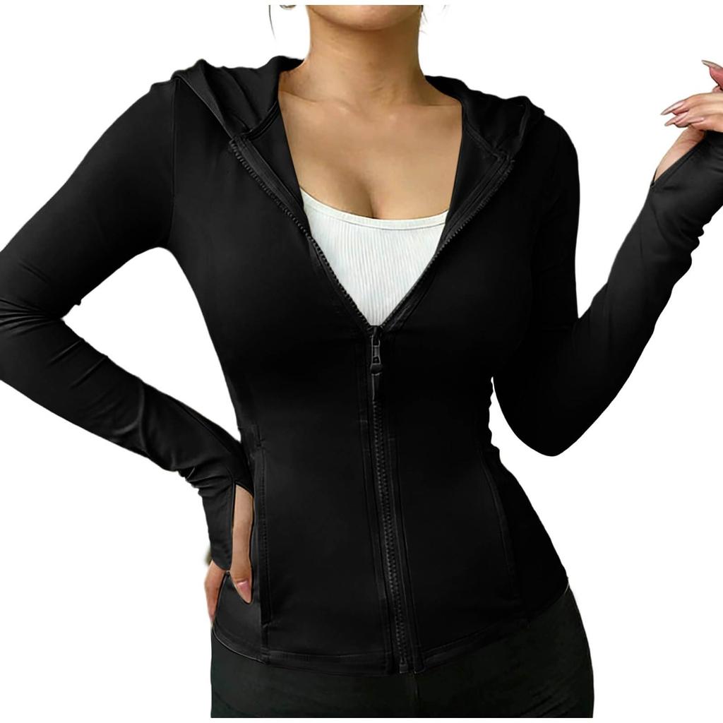 Women’s Casual Hooded Zip Up Jacket with Thumb Holes Long Sleeve Slim Fit Breathable Lightweight Top for Everyday Wear