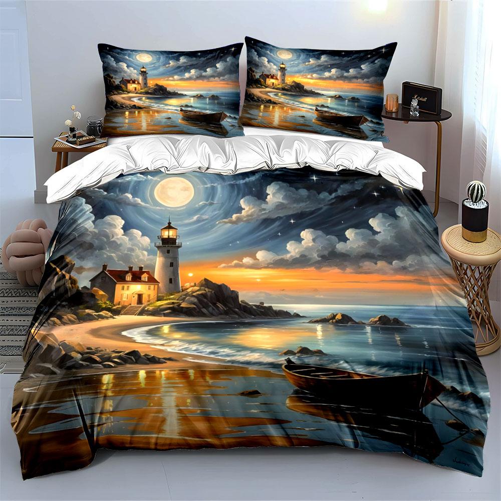 Lighthouse, Boat, Ocean, Clouds. Bedding Sets Duvet Cover Sets Duvet Covers Pillowcases(1*Duvet Cover 2*Pillowcases Without Duvet Insert)