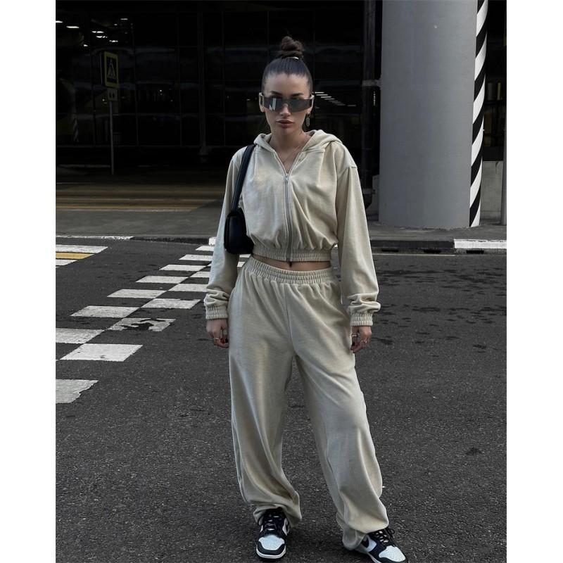 Womens Street Style Tracksuit Long Sleeve Zip Up Hoodie Elastic Waist Pants Two Piece Set