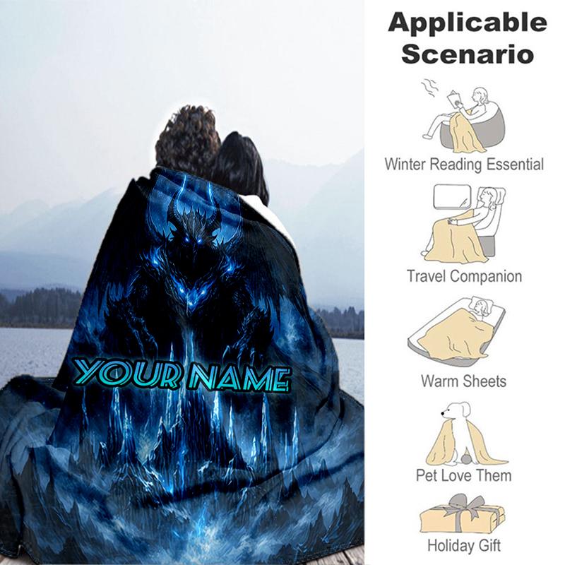 1PC Custom Name "Dark Fantasy Dragon Artwork" flannel blanket versatile,all-season throw suitable for the living room,bedroom,camping,travel,and gift
