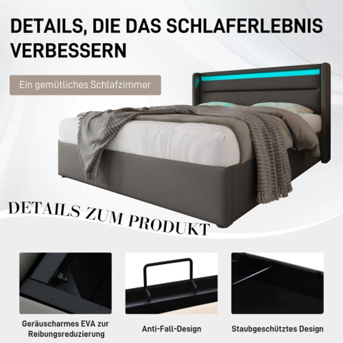 Pat de depozitare hidraulic - MUVOE - 140x200cm - Gri - Iluminare LED - Telecomandă