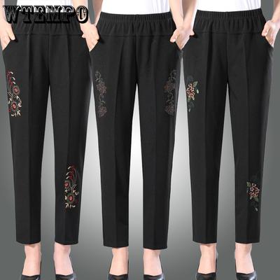 Middle Aged and Elderly Women's High Waisted Pants Mother's Casual Pants Grandmother's Embroidered Pants