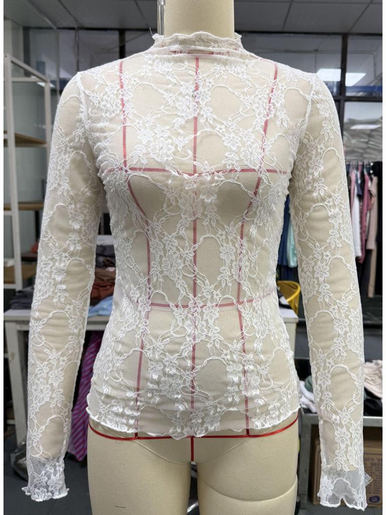 TK2025 Slim Fit Summer Mesh Lace Long Sleeve Top for Women