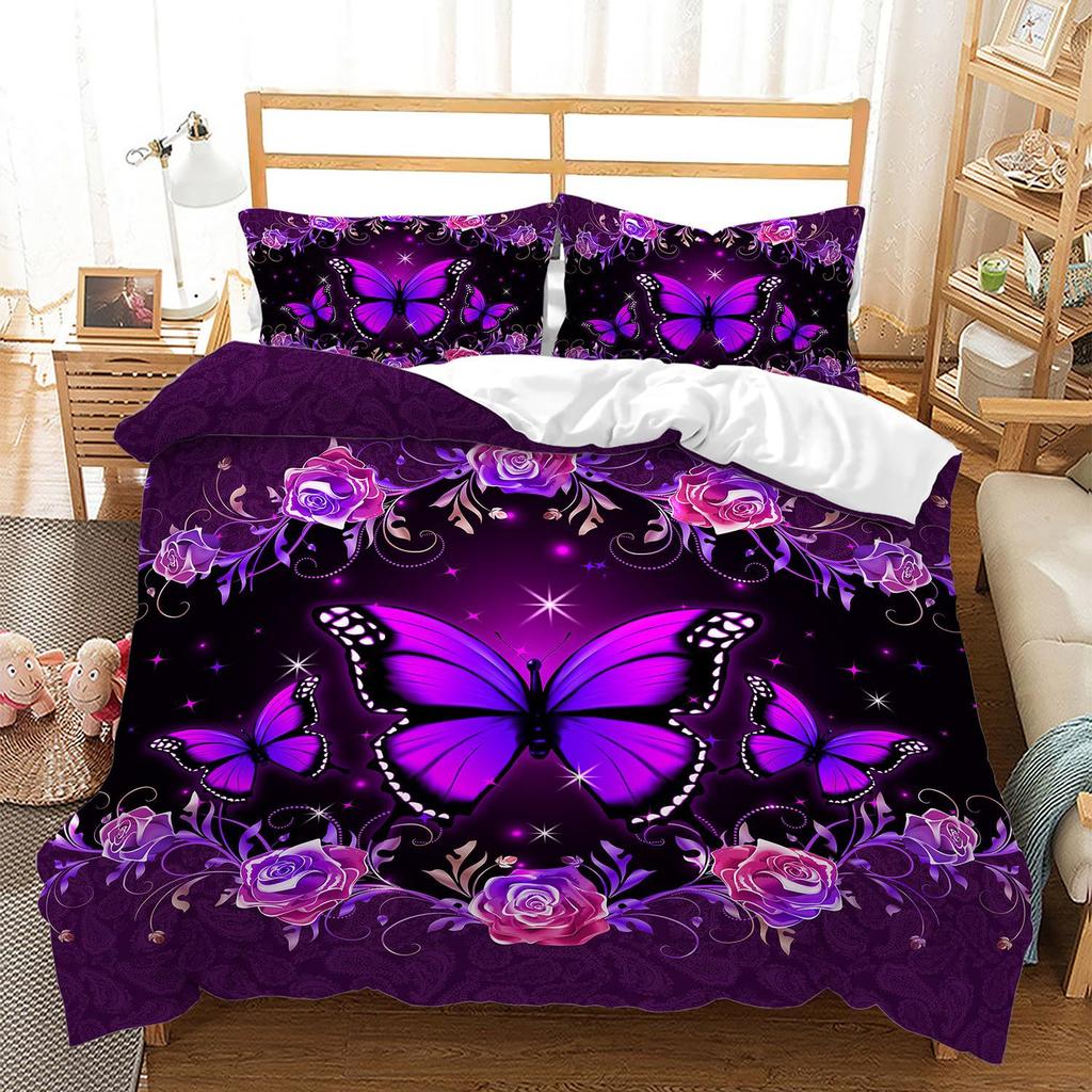 Purple Butterfly Three-Piece Digital Printing Kit 3D Duvet Set Bedding
