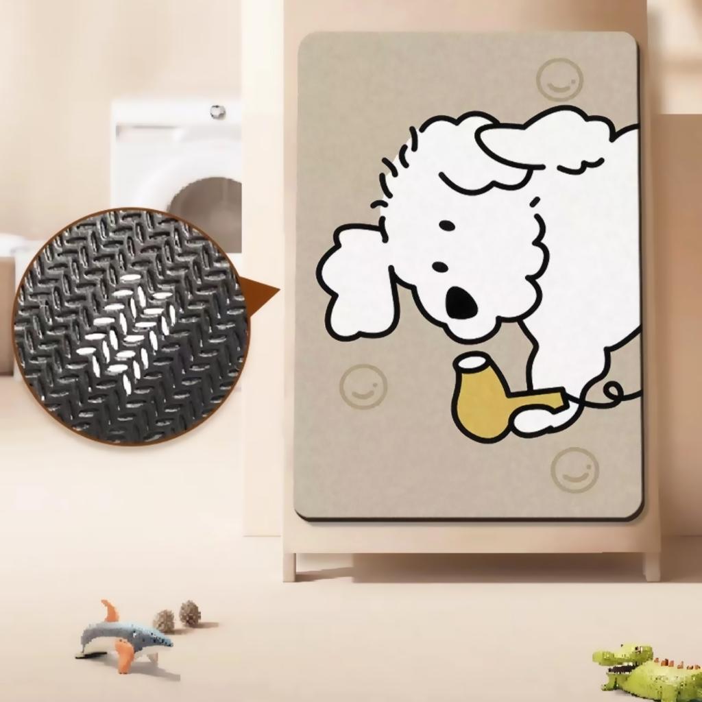 VIKAMA Cute Fluffy Dog Holding Hair Dryer Bathroom Doormat Simple Cartoon Puppy Smiley Print Water‑absorbing Non‑slip Floor Mat