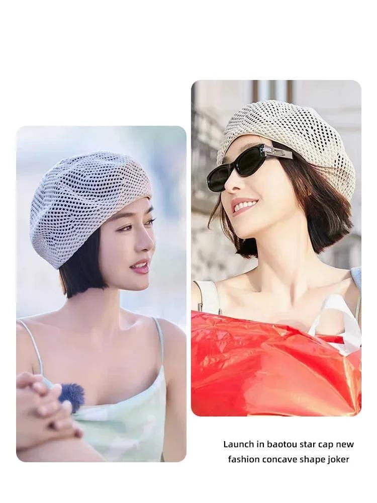 Straw Beret for Women Summer Sun Protection UPF 50+ Breathable Thin Lace-up Design, Head Size Outdoor Beach Sun Hat Headband