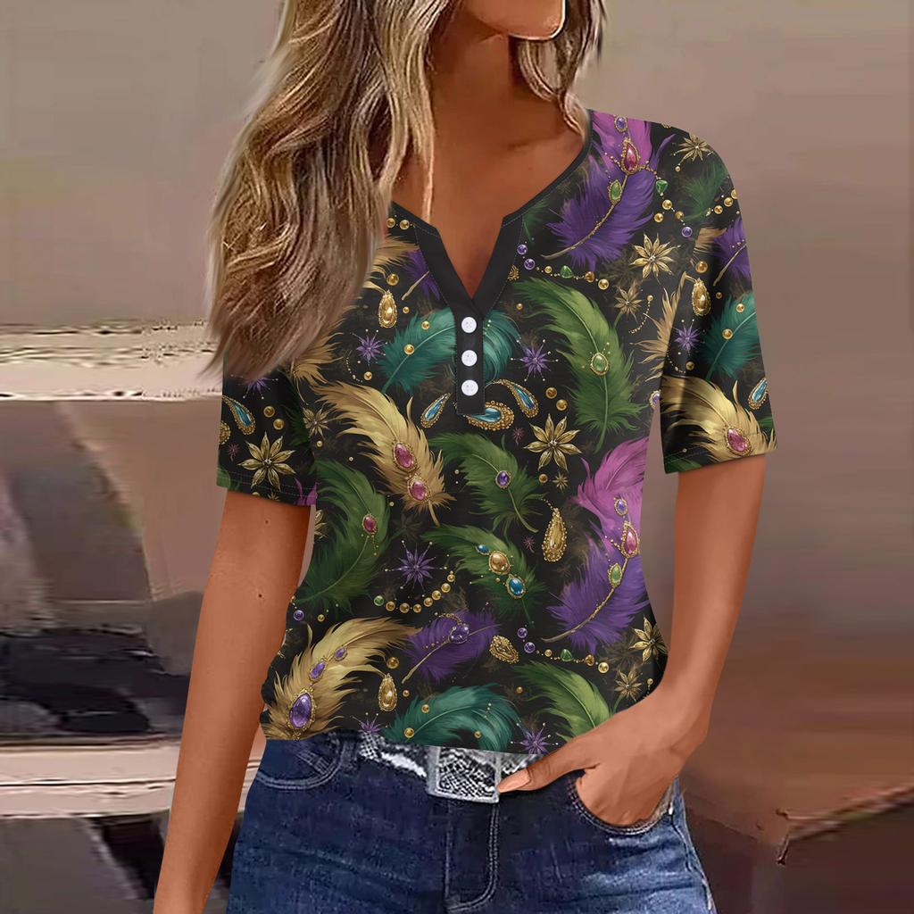 Damen-T-Shirt, T-Shirt, bedruckt, Knopfleiste, kurzärmelig, für den Alltag, Wochenende, modisch, Basic, V-Ausschnitt, normales Oberteil