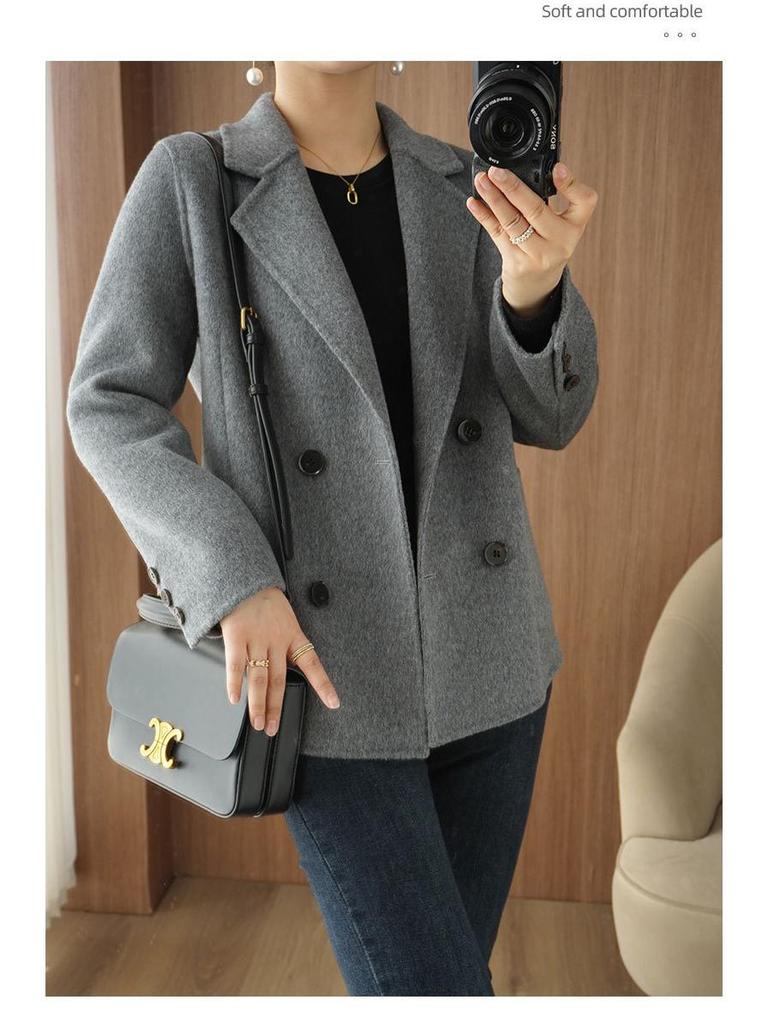 Women's Petite Double-Breasted Wool Cashmere Coat - Autumn/Winter Suit Collar Overcoat
