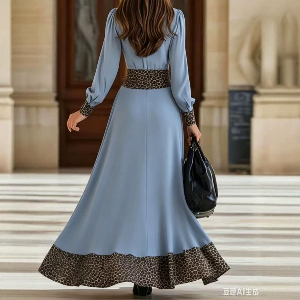 New autumn women's clothing long-sleeved long dress leopard print splicing dress European and American women's clothing