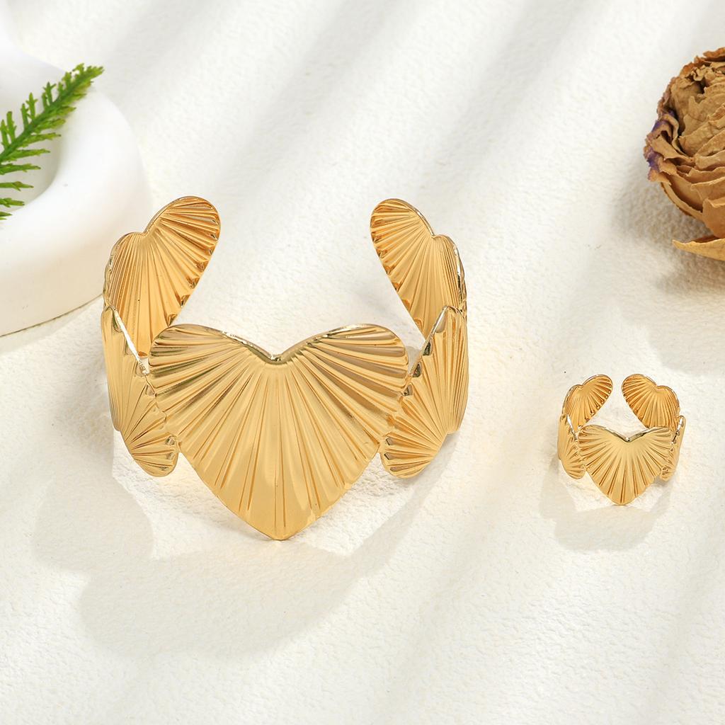 Geometric Stripe Love Light Luxury Premium Sense Opening Adjustable Metal Bracelet Ring Set