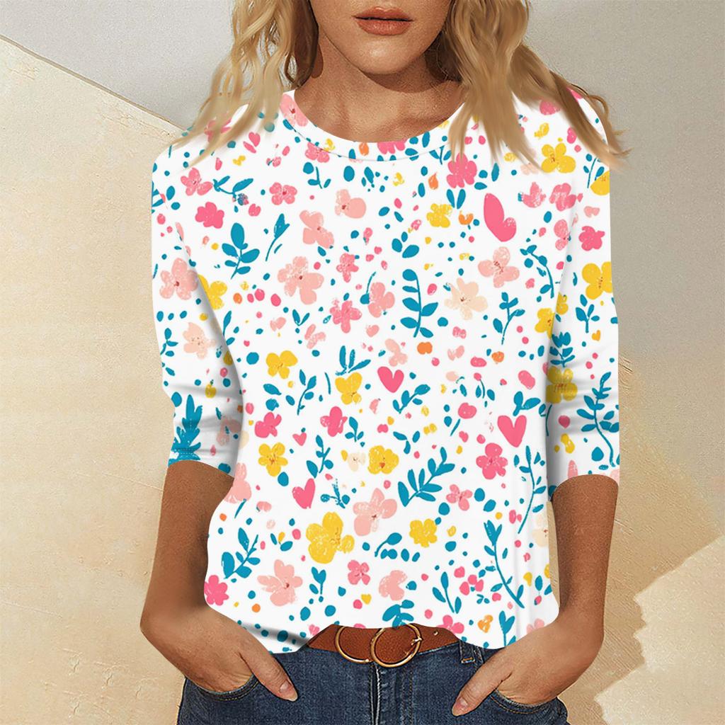 Ladies' Fashionable And Casual Seven Quarter Sleeve Floral Print Pullover Top