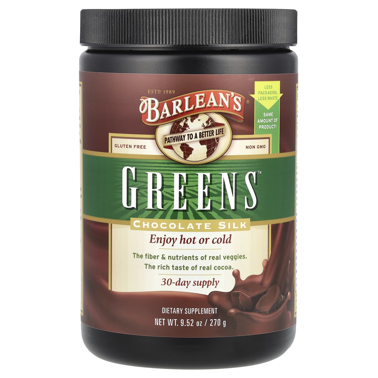 

Barlean S, Greens, Powder Formula, Chocolate Silk, 270G(9.52Oz)