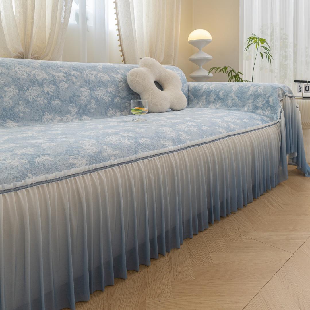 

Летний охлаждающий очень длинный чехол на диван с цветочным кружевом - мягкий полупрозрачный градиентный подол, домашний декор, накидка, легкое полотенце для дивана 180x130cm светло-синий