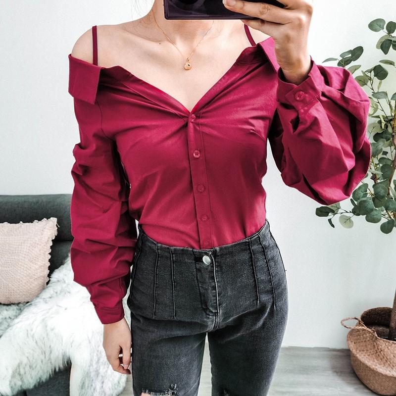 

Однобортные однотонные универсальные блузки без бретелек с разрезным вырезом и длинными рукавами, S-XL