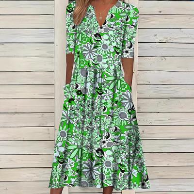 Women's Short Sleeve V-neck Loose Printed Elegant Midi Dress