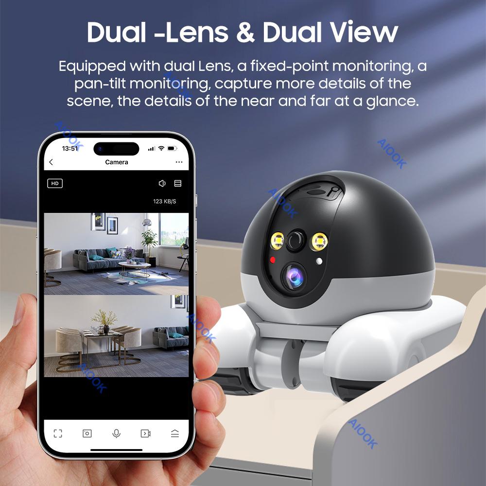 AIOOK With Laser Pointer Pet Camera Dual Lens HD 8MP 4k Wifi Mobile Camera Two Way Intercom Pet Tracking Night Vision Cctv