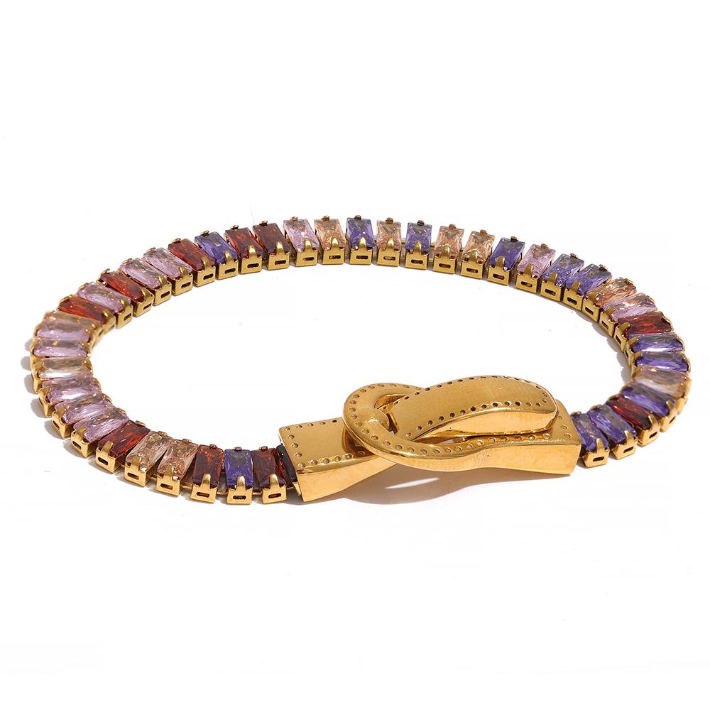 Yhpup Luxury Colorful Cubic Zirconia Stainless Steel Belt Buckle Bracelet Bangle Bling Stylish Unique Waterproof Fashion Jewelry