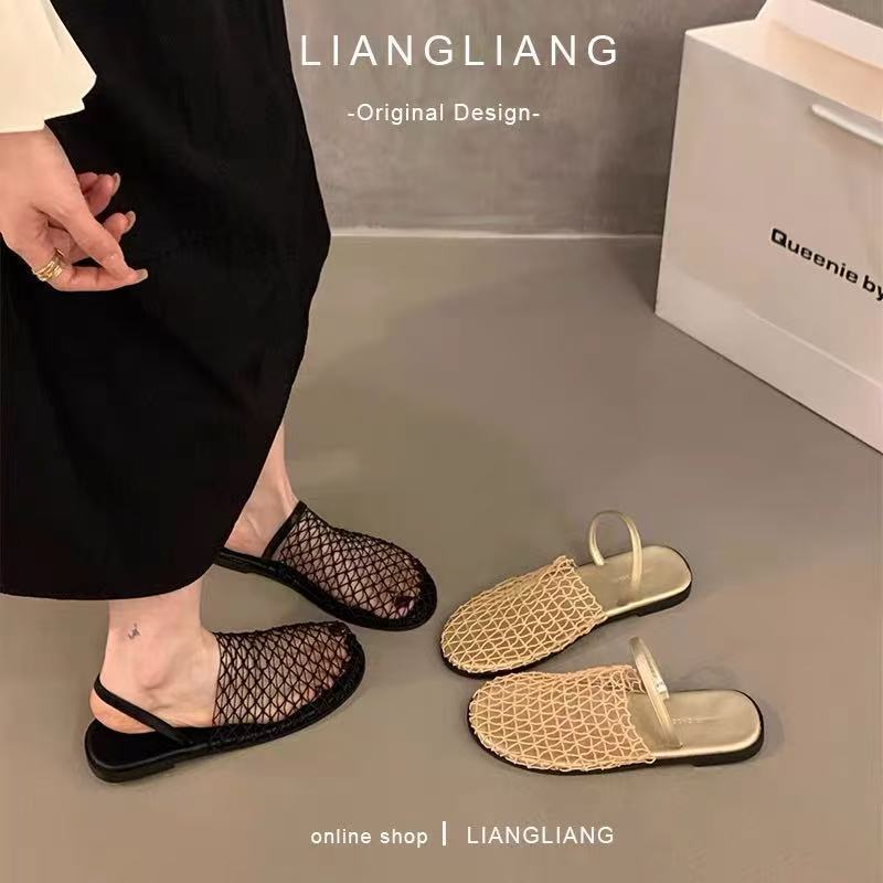 Sommar ny mesh vävd ihålig väska huvudtofflor moderiktiga ytterkläder platt botten sandaler med sandaler kvinnor