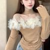 Sexy skjorter Dame Slash Neck Off Shoulder Mesh Patchwork Vintage Bluse Slank Langermet Elegant Crop Tops Chic