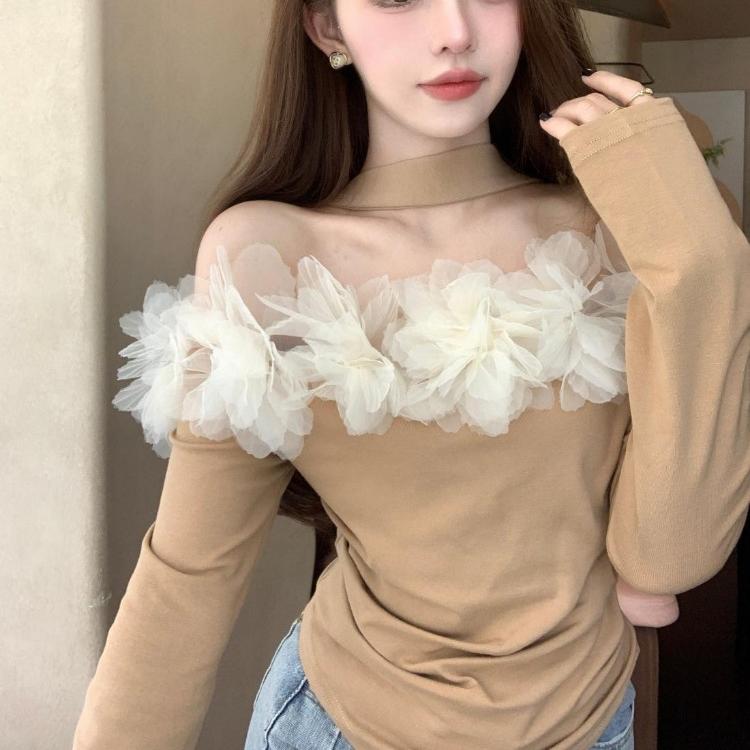 Sexy skjorter Dame Slash Neck Off Shoulder Mesh Patchwork Vintage Bluse Slank Langermet Elegant Crop Tops Chic