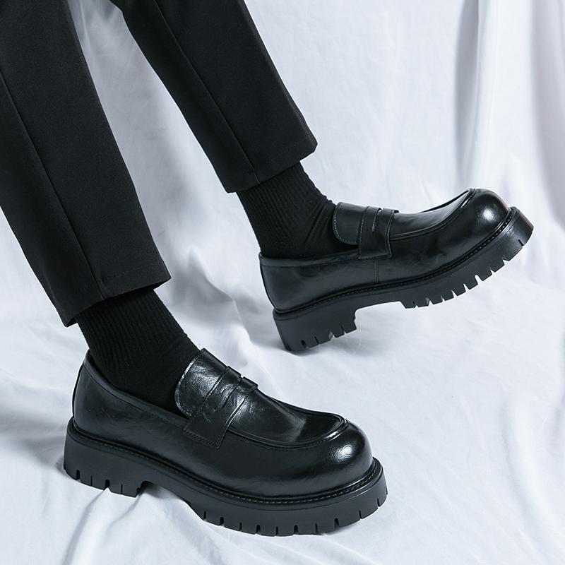 Men's Casual Leather Thick Soled Brown Shoes Business Fashion Spring British Style Loafers Mens Slip-on Outdoor Round Toe Shoes