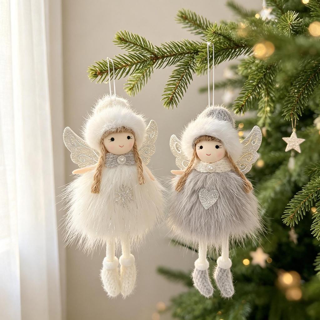 Christmas Angel Plush Doll Ornament with Hat and Glitter Wings