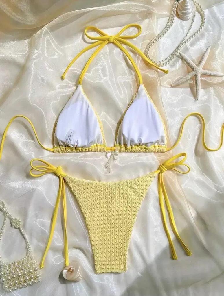 2025 Europäischer & Amerikanischer Damen Sexy Rückenfreier Träger Bikini in Unifarbe