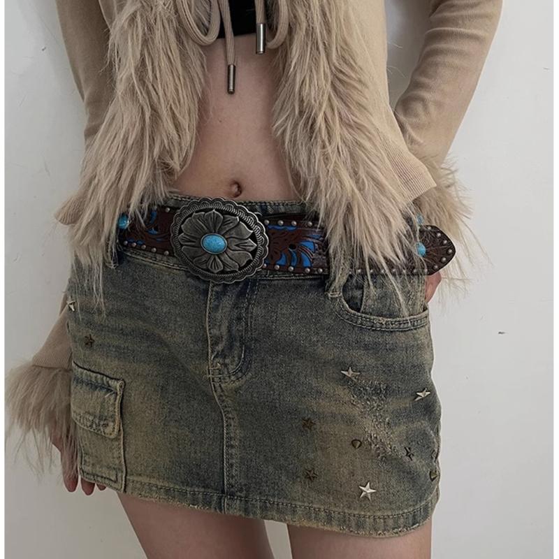 Vintage Bohemia Belt for Women Turquoise Embossed Buckle Decorative Belt Cowboy Belt for Female Cowgirl Jeans Waist Belt