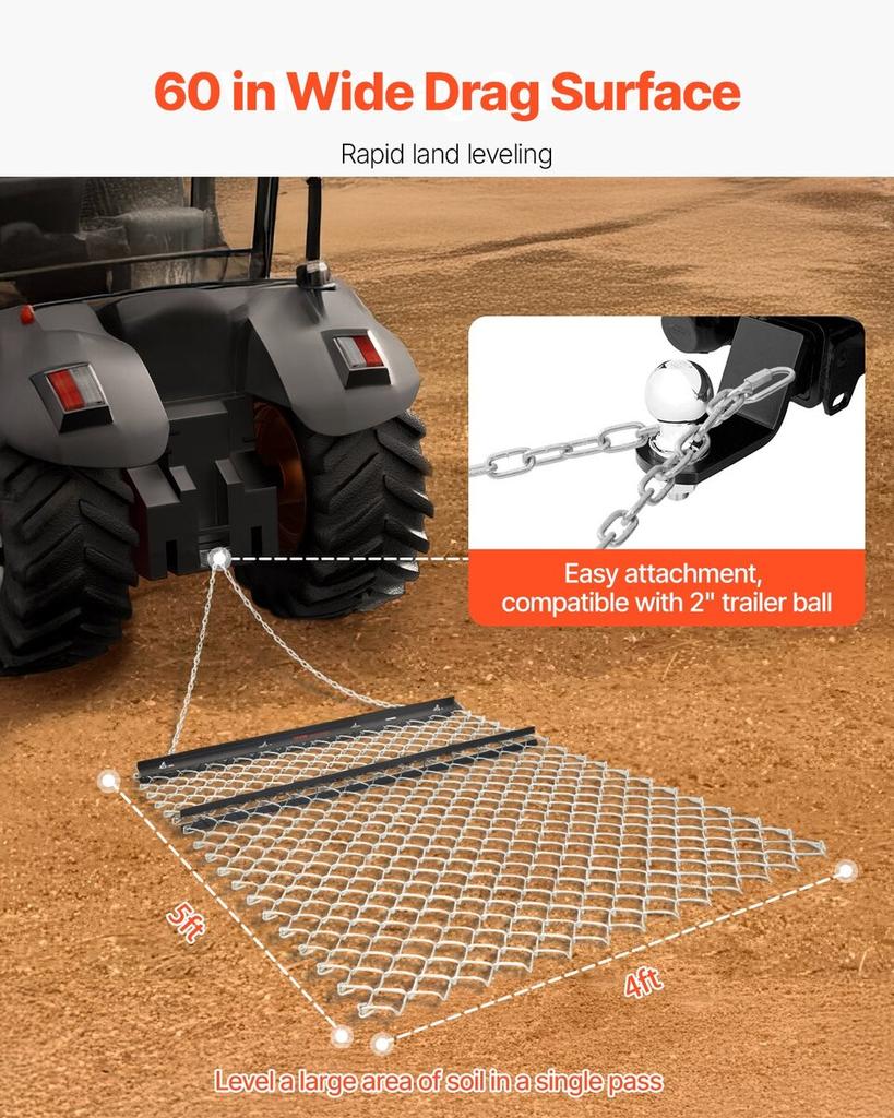Drag Harrow 4 X 5 Ft Chain Harrow Lawn Rake ATV UTV Tractor Attachments