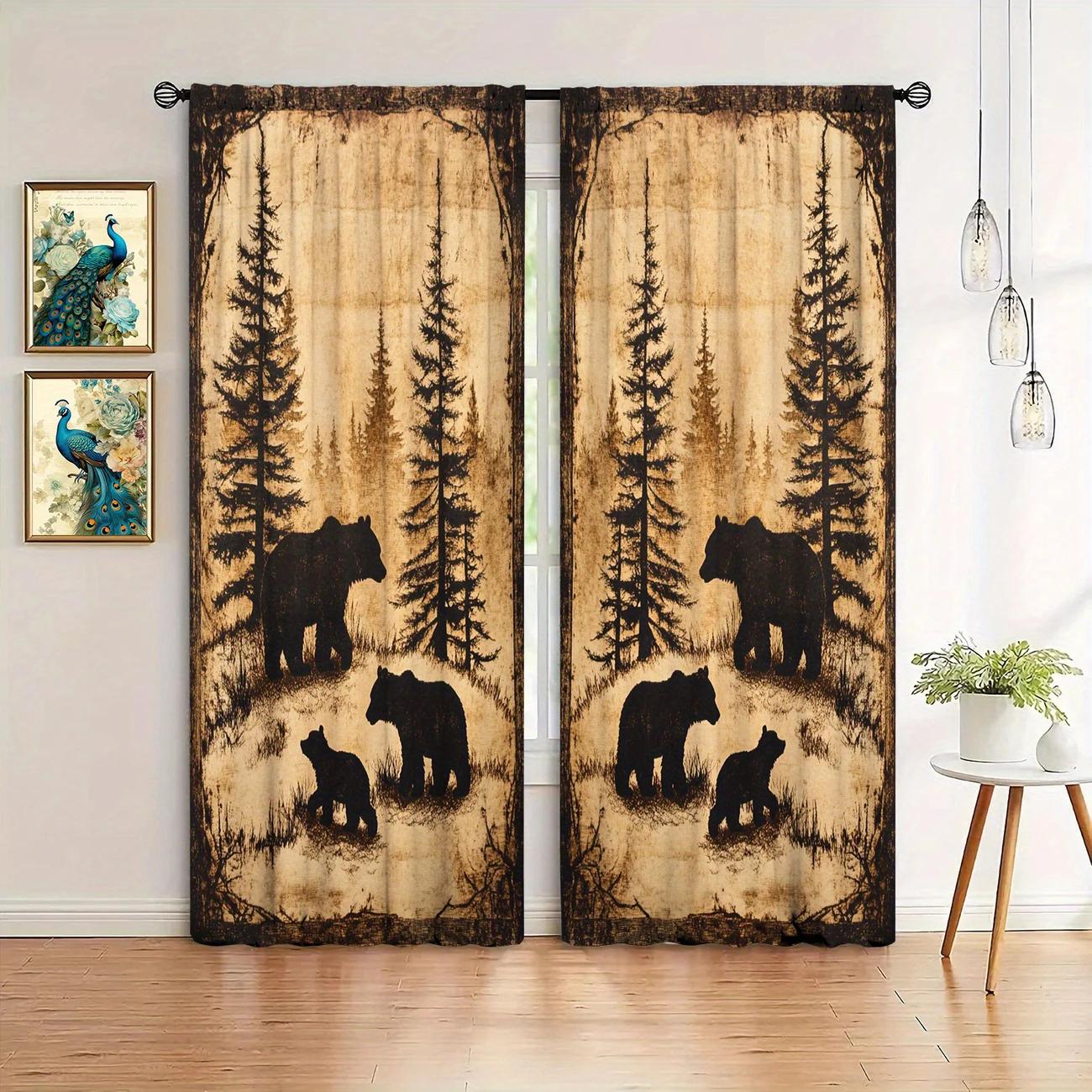 

2Pcs- Retro Bear Silhouette Printed Curtains, Bedroom And Living Room, Home Decoration, Room Decoration 14Wx39L(35x100CM)x2