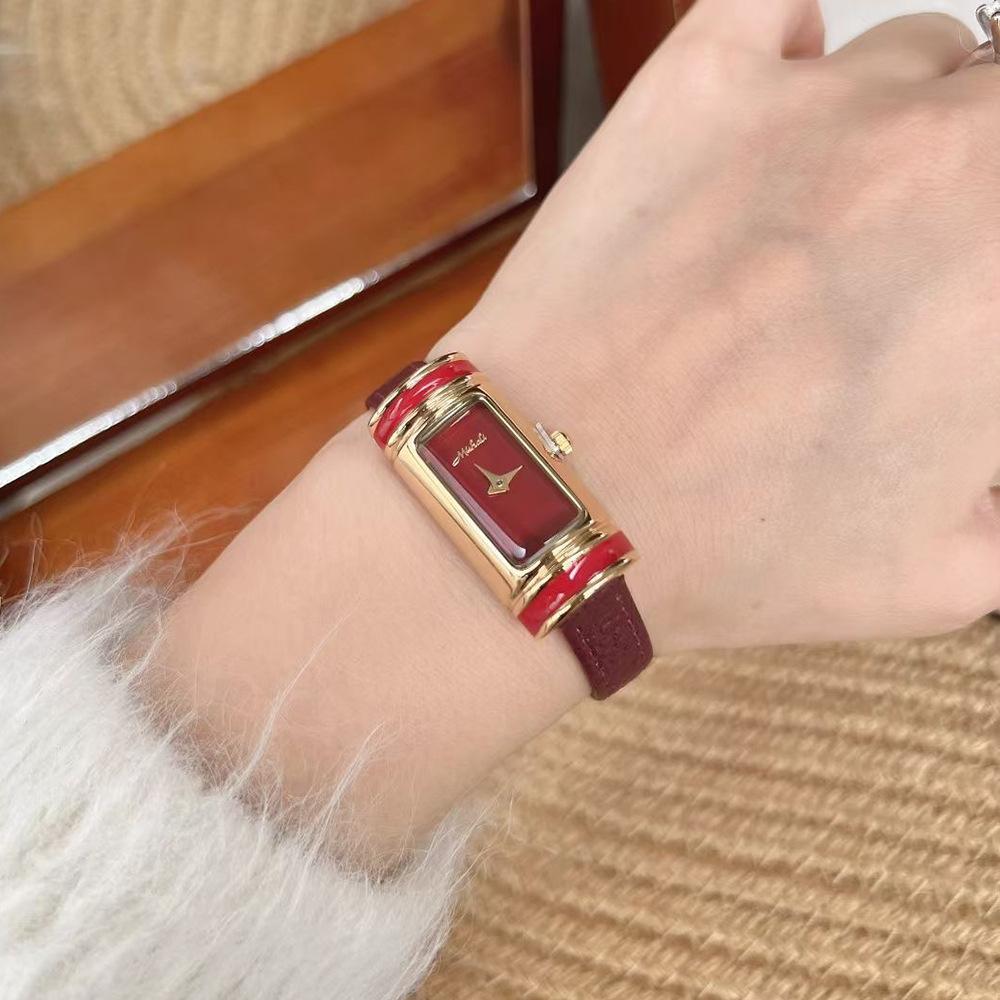 Ankola Red Belt Women'S Watch Macaron Long Oval Three-Dimensional Small Gold Bar Watch