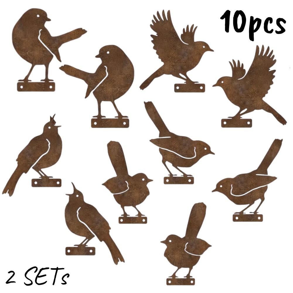 5/10pc Vintage Metal Bird Decor 2D-Flat Rust Art Birds Figurine for Outdoor Garden Yard Fence Holiday Sculptures Decoration Gift