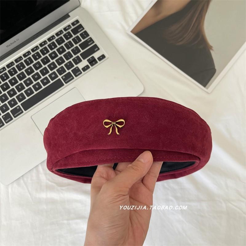 Herbst-Karamellbraun~ Metall-Baskenmütze mit Schleife Damen Japanisch Retro Süß Vielseitig Mode Malerhut