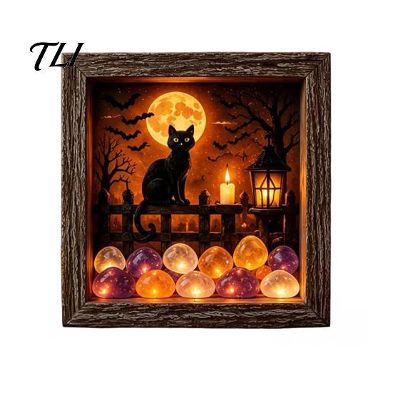 Tabletop Home Accent DIY Lighted Halloween Ghost Shadow Box Kit, Wooden Frame LED Warm Light, Gothic Crystal Glass Display Case Memory with