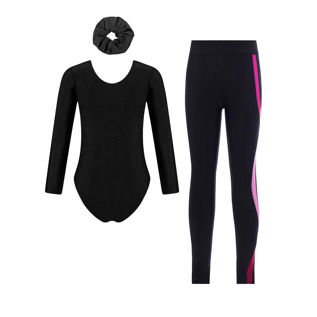 Mädchen Gymnastik Tanz Set Langarm Rundhalsausschnitt Metallic Patchwork Glänzender Strass Turnanzug Leggings Stirnband