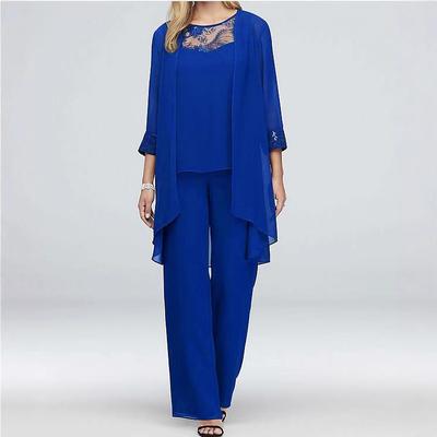 Blusa Azul de Chiffon com Renda e Cardigan Combinando e Conjunto de Calças de Perna Larga