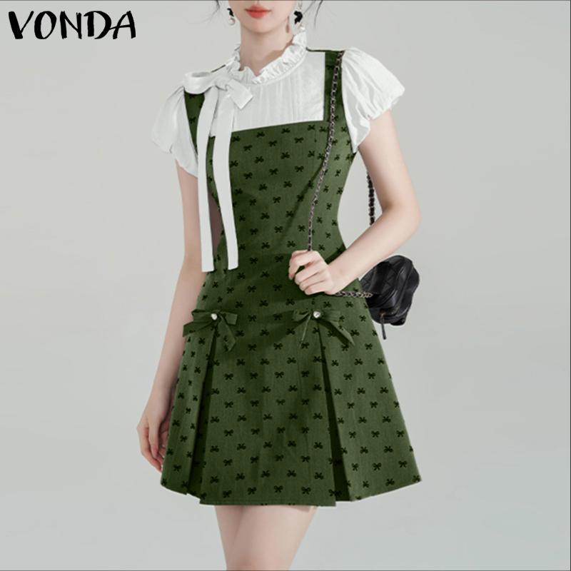 VONDA Women College Style Ruffled Neck Bow Knot Polka Dots Patchwork Pleated Dress