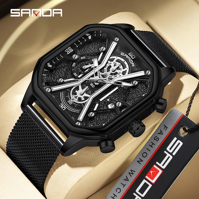 SANDA Trendy Men's Square Quartz Watch - Fashionable Multi-Function Calendar Wristwatch