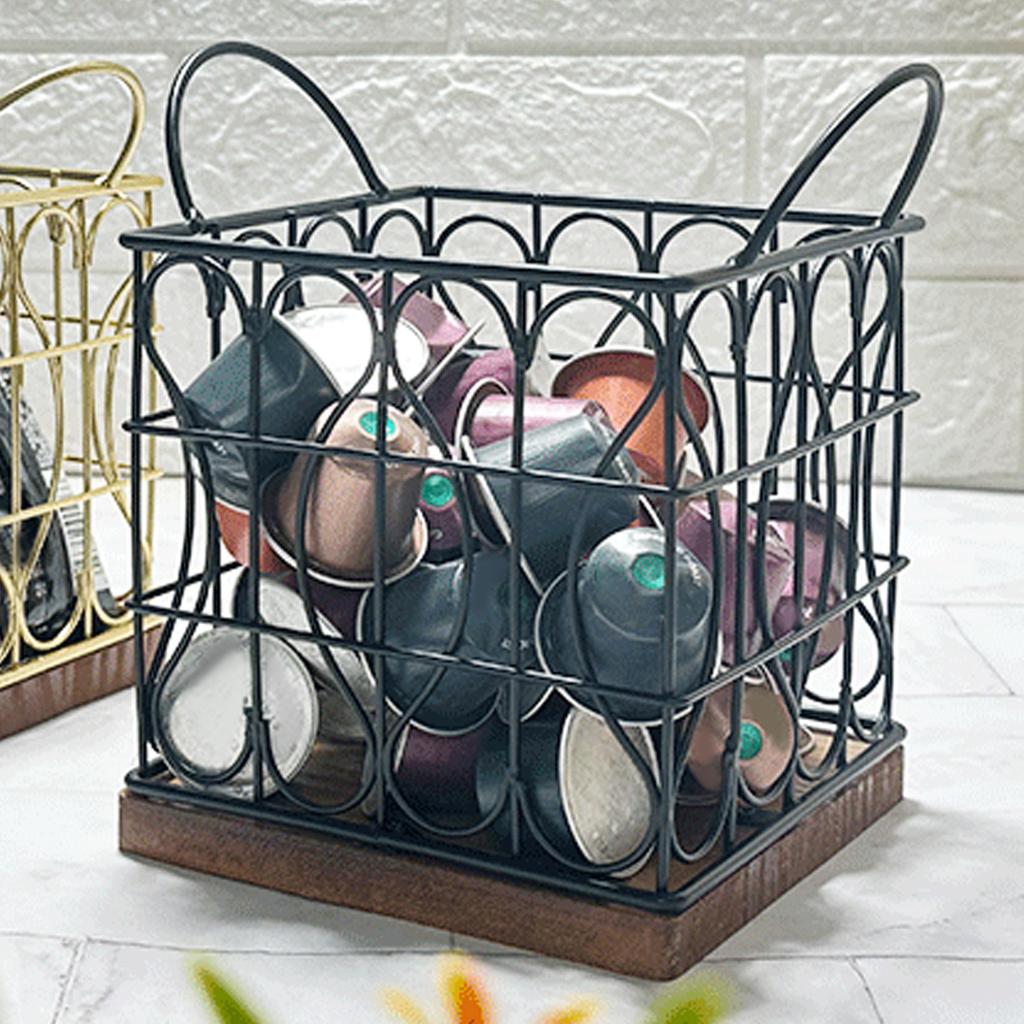 Coffee Pod Holder Organizer Large Capacity Metal Storage Basket with Wooden Base for Kitchen Countertop Office Coffee Bar