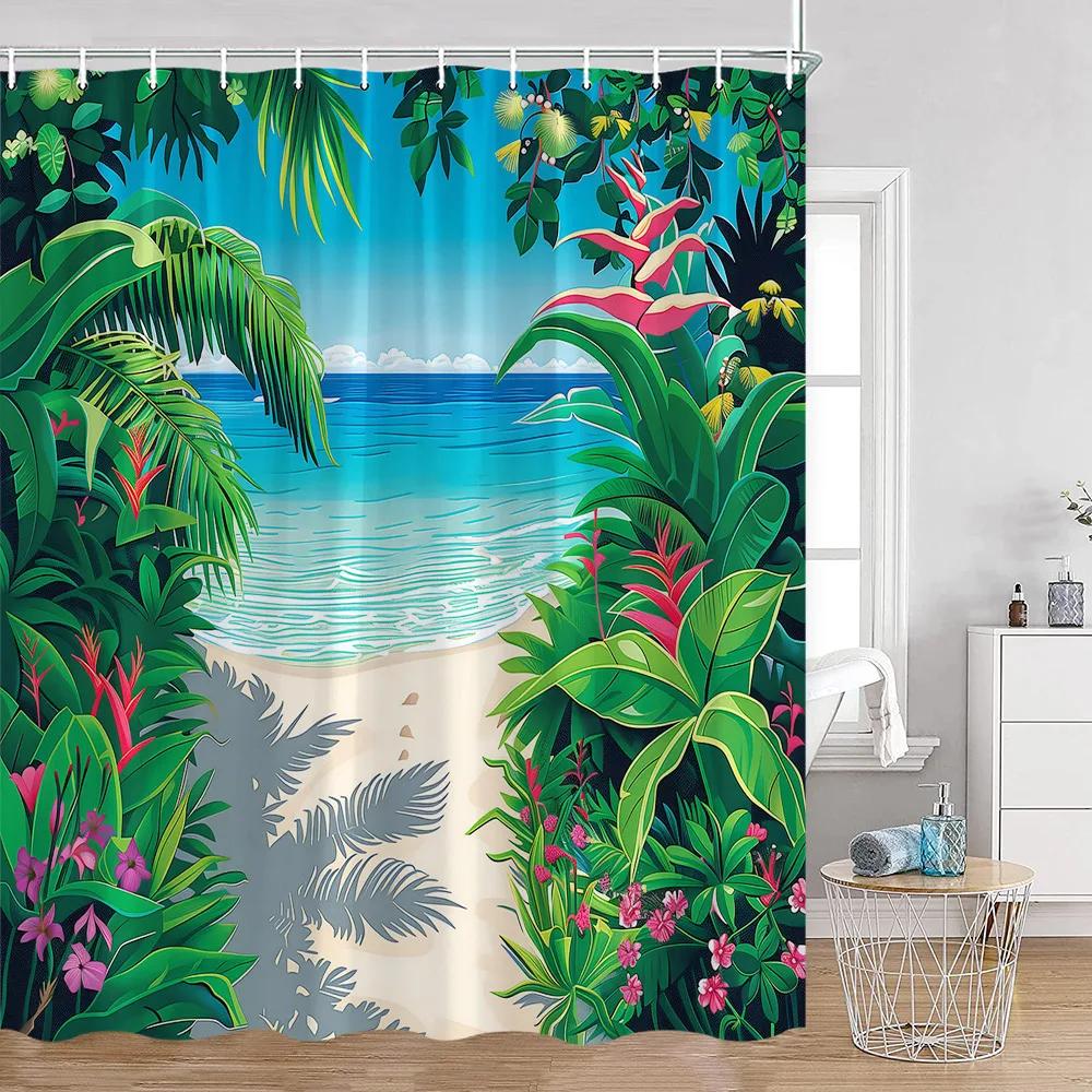 

Seaside Landscape Shower Curtains Coconut Trees Tropical Leaves Sea Scenery Bathroom Decor Summer Hawaii Polyester Bath Curtain W60H190(CM)-1 Pcs