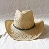 Hollowed Straw Cowgirl Hat Upturn Brim Western Caps with Beaded Belt Ethnic Style Beach Sun Hat for Women Men Travel Hats