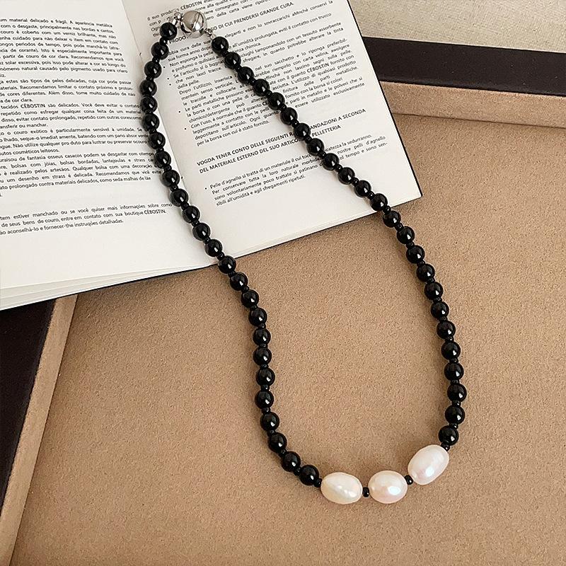 

Silver Plated Magnet Ball French Black Color Glass Beads Freshwater Pearl Beaded Necklace Chokers Strand For Women Gift