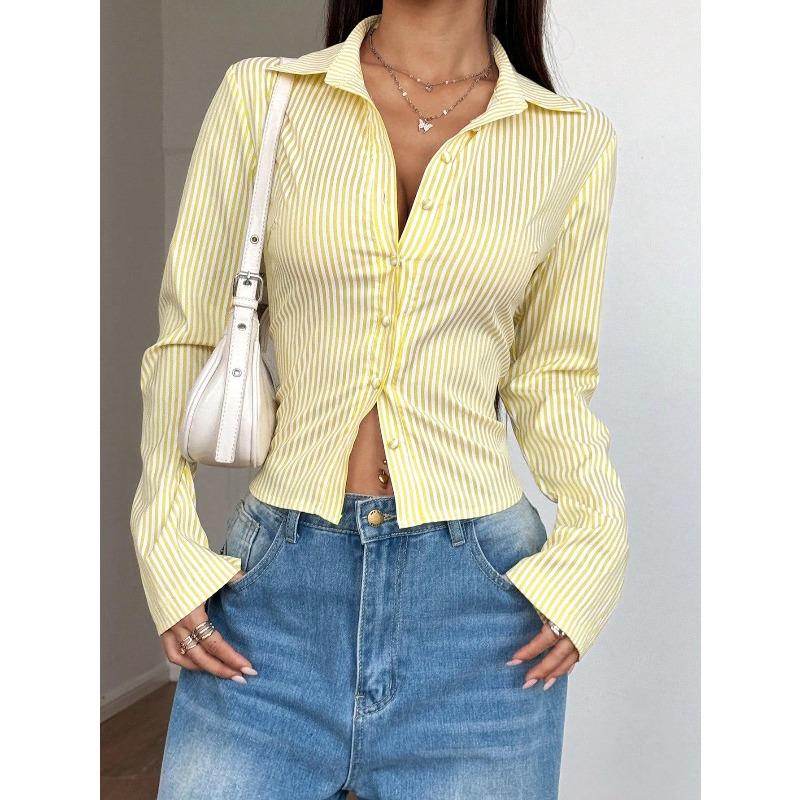 Women's Blue White Striped Button Down Shirt Long Sleeve Bell Sleeve Crop Top Casual Blouse