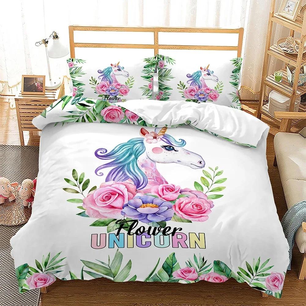 Dětské povlečení s duhovým jednorožcem Kawaii kreslená zvířátka Povlečení pro kluky a holky 2/3dílné Sady povlaků na přikrývku velikosti Twin Single Double Queen