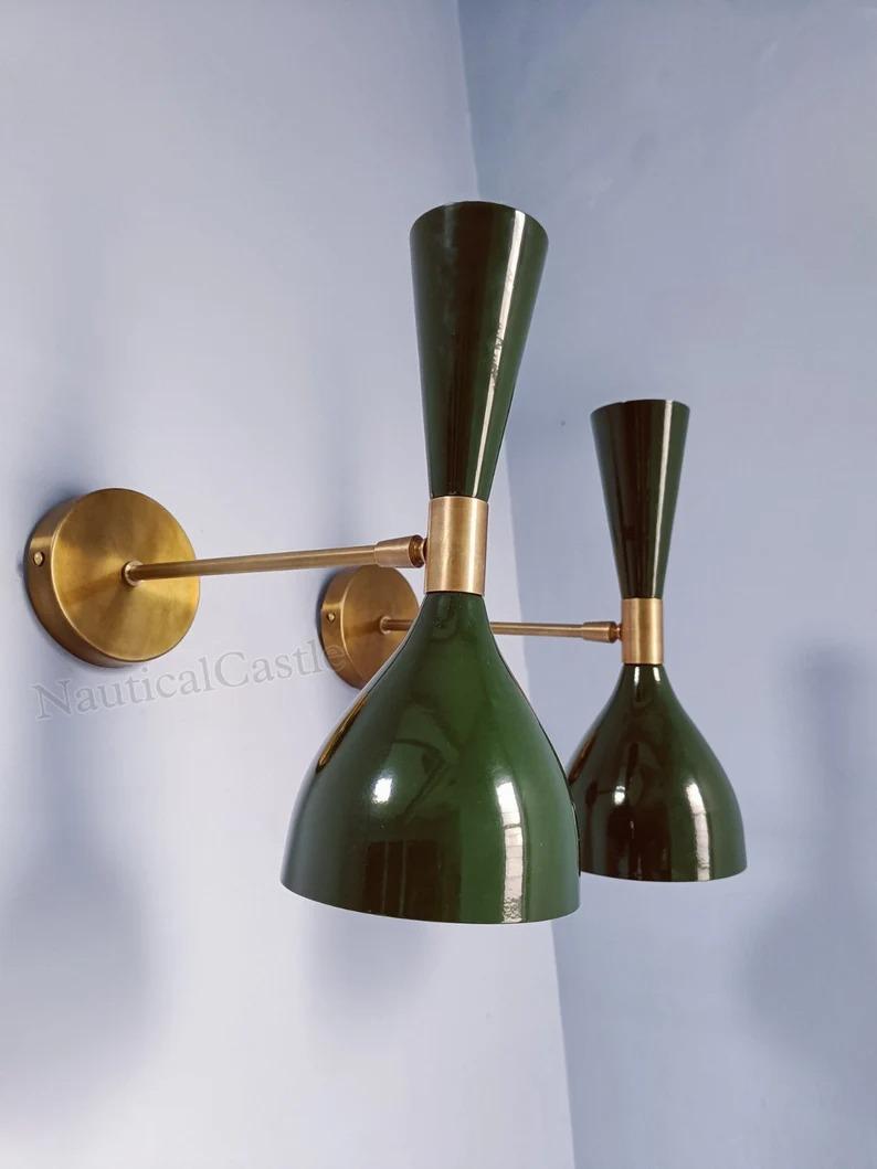 

Handmade Malachite Green Wall Sconce Pair 1950s Mid Century Modern Brass Diabolo Light зелений