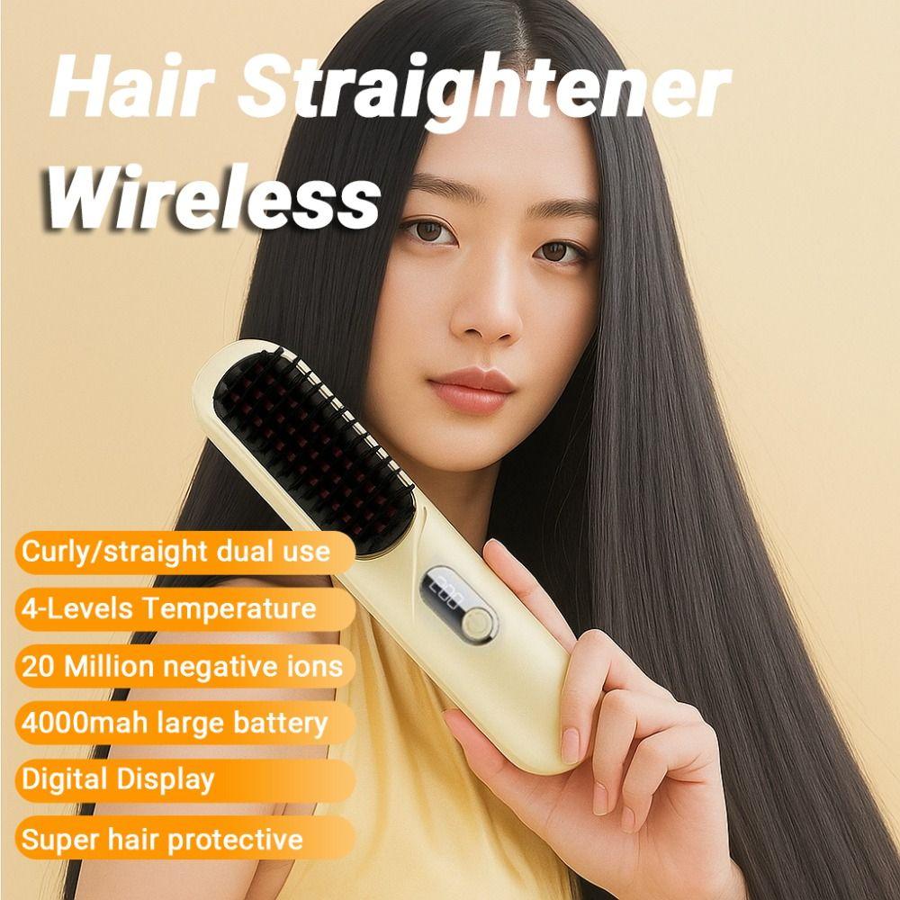 4000mah Hair Straightener Brush Wireless Ion Thermal Comb Portable Heated Styling Brush Travel