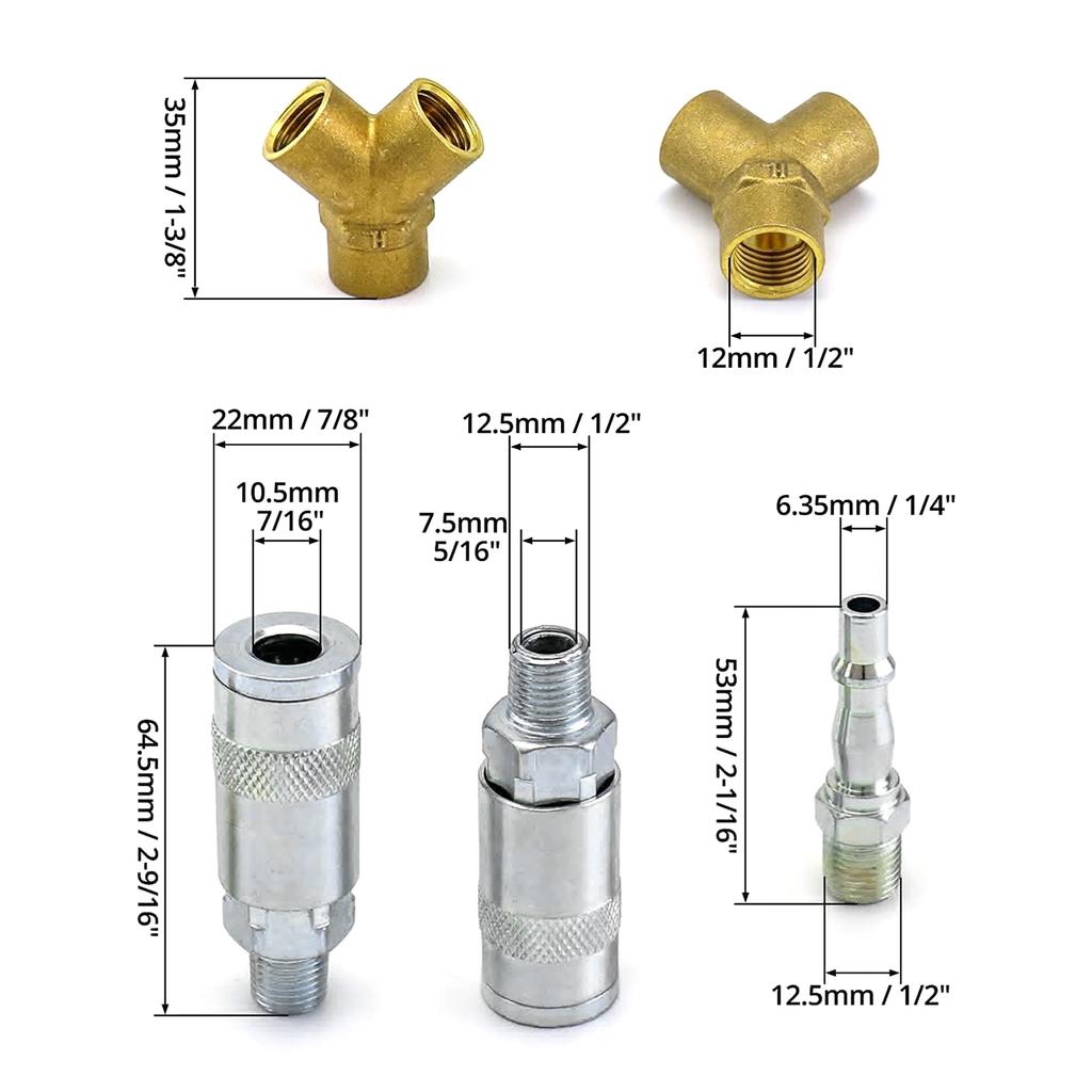 3 Way Air Compressor Fittings Y Connector Splitter Thread Quick Release Coupler for Air Lines Air Tools Compressors