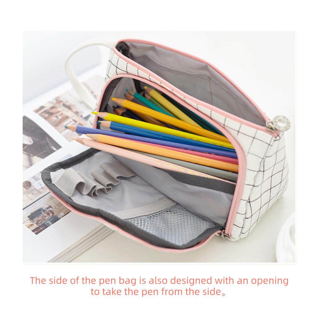 Cute Pencil Box Bag Big Storage Canvas Pencil Case with Pen Slot Mesh Pocket Stationery Organizer Makeup Brush Tool Pouch Gift for Student Children