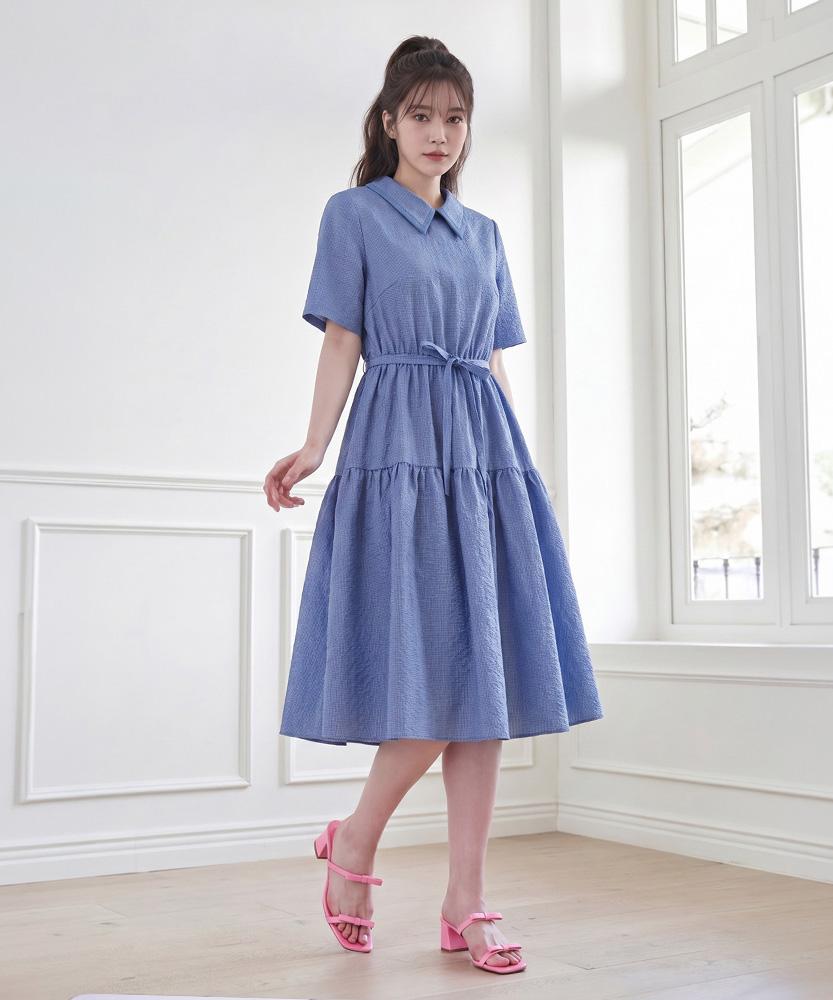 L By L Blue Check Denim Color Block Tiered Dress