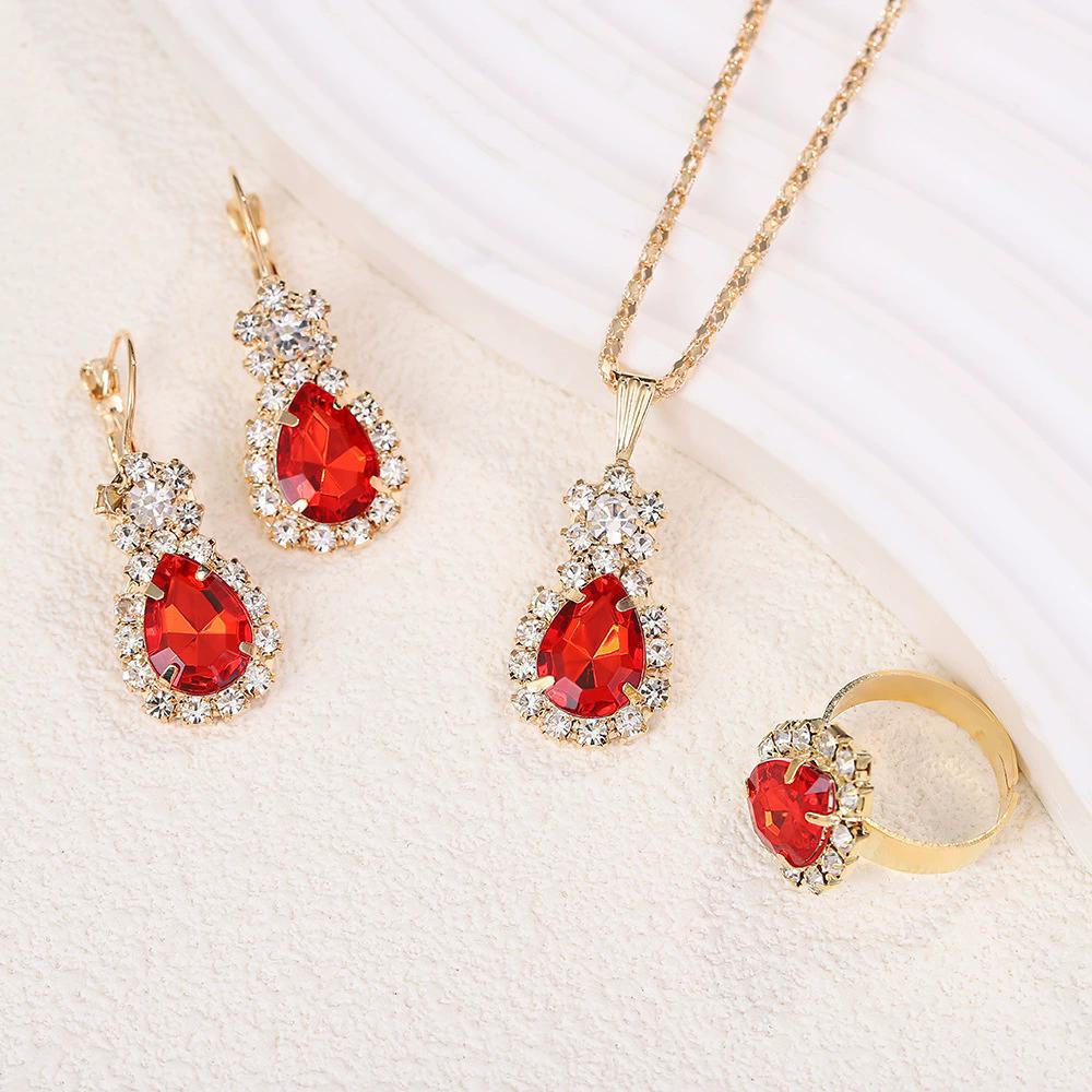 Trendy Red Water Droplet Rhinestones Zircon Sets for Women Pendant Necklace Open Ring Drop Earrings 3pcs/set Elegant Zircon